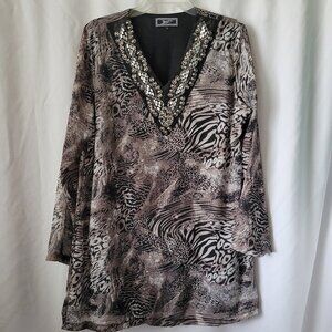Zashi Blouse embellished beaded Lined animal print Tunic Large V-neck stretchy